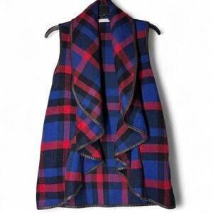 Attard State Blue Red Plaid Open Sleeveless Vest Cardigan Womens Small Pockets
